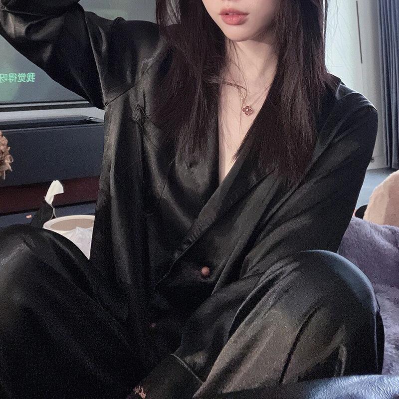 

Летняя пижама женская с лацканами, кардиган, брюки с длинным рукавом, высококлассный темперамент, однотонный шелковистый комплект для отдыха 2XL