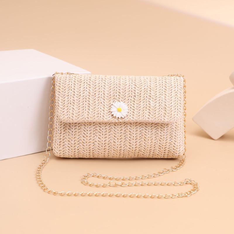 

New pearl embellished straw bag women s summer diagonal straddle bag small daisy decorative messenger bag білий