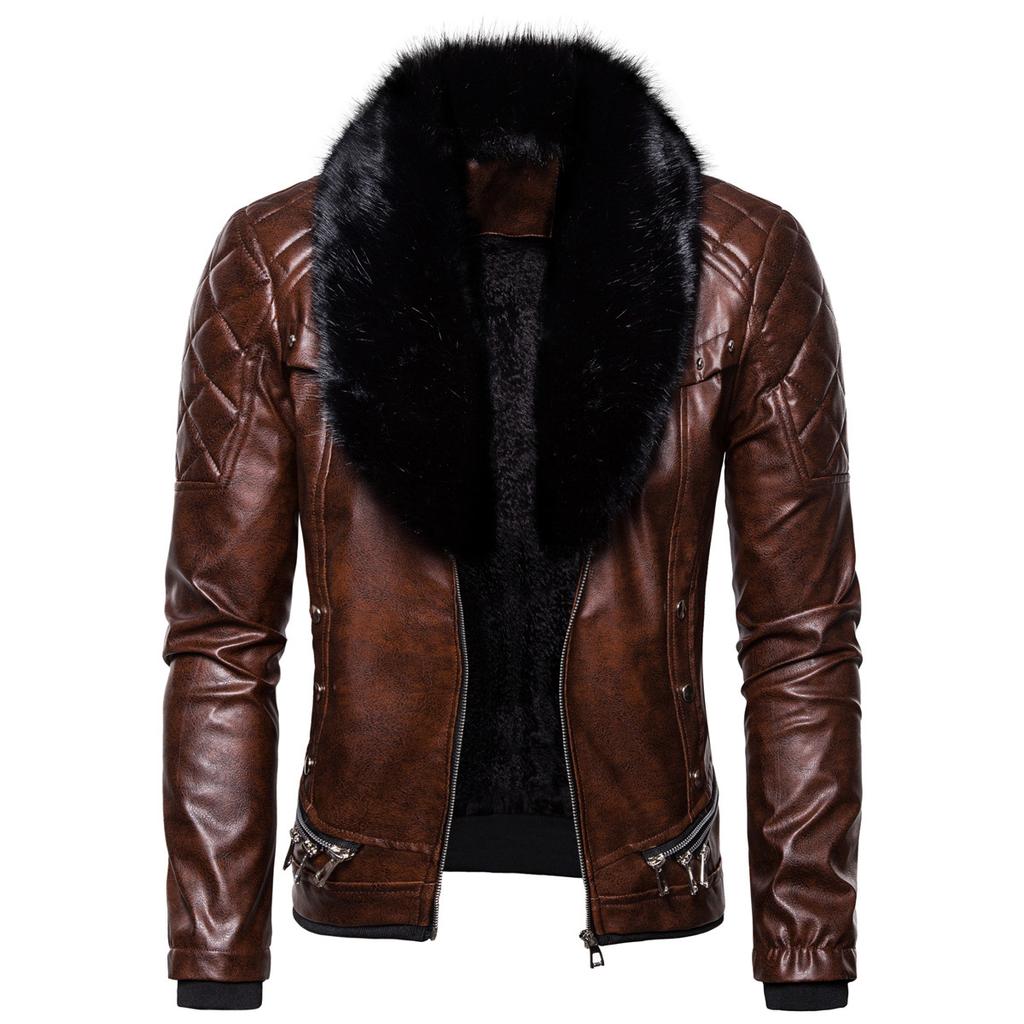 Autumn and winter new fashion solid color button zipper splicing European size fur collar men's leather jacket leather jacket PY