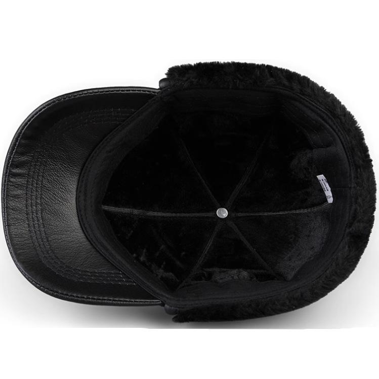 Men's Winter Genuine Leather Hat with Ear Protection and Fleece Lining - Warm Thickened Cowhide Lei Feng Style Cap for Outdoor Use
