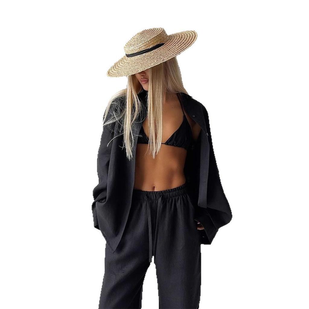 Women's 2025 European & American Spring/Summer Casual Loose Long-Sleeved Shirt and Trousers Set