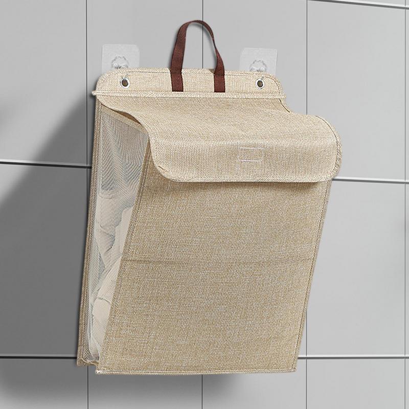 Foldable Adhesive Laundry Basket Hamper Multifunctional Punch Free Wall Hanging Washing Clothes Mesh Hook Organizer
