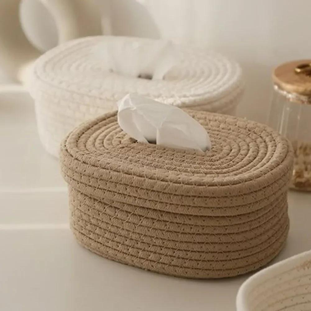 1PC Tissue Box Cotton Rope Woven Tissue Box Storage Box Desktop Storage Box Pumping Paper Box Home Office Room Car Decor Tissue Box