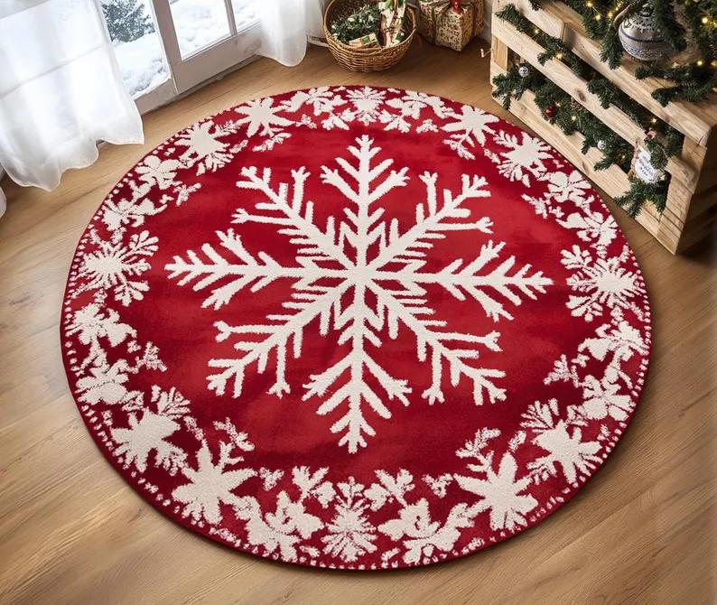 Festive Snowflake Christmas Tree Round Rug Holiday Decor Cozy Living Room Bedroom FloorMat Winter Seasonal Home Gift Bedside Rug