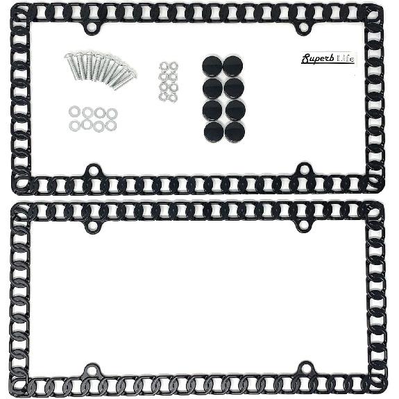 Universal Mega-Metal Round Chain Link Design License Plate Frame with Screws Caps, Set of 2 (Gold) чёрный