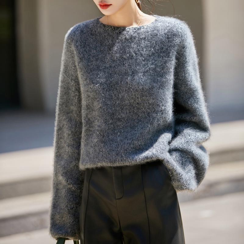 Women's Marled Yarn Thick Plush Wool Sweater - Autumn/Winter Loose Knit Pullover, Lazy Style Base Layer