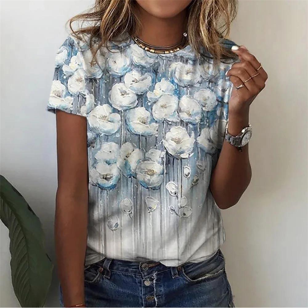 T-Shirt mit Blumenmuster für Damen, Blumen 3D-Druck T-Shirts, Sommer Casual Rundhals Tops, Kurzarm, Oversized Tees
