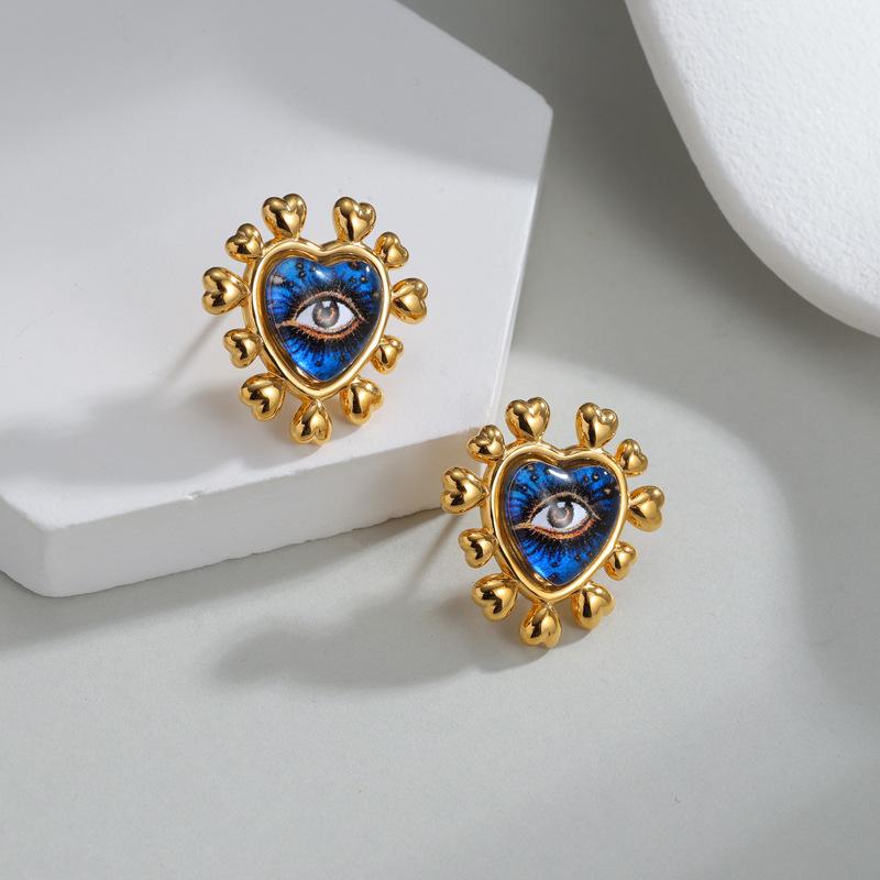 Eilieck 316L Stainless Steel Metal Heart-Shaped Blue Eyes Necklace Bracelet Earrings Ring Trendy Jewelry Set For Women Gift