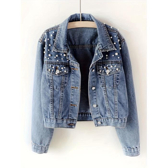 Plus Size Women s Elastic Denim Jacket with Pearl Accents XL
