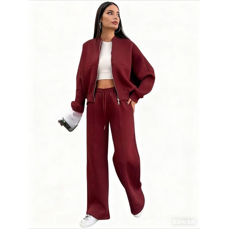 VEZFAA Pantalones de moda para mujer, informales, de primavera y otoño, con estampado de colores sólidos, de manga larga y cuello redondo, pantalones, trajes