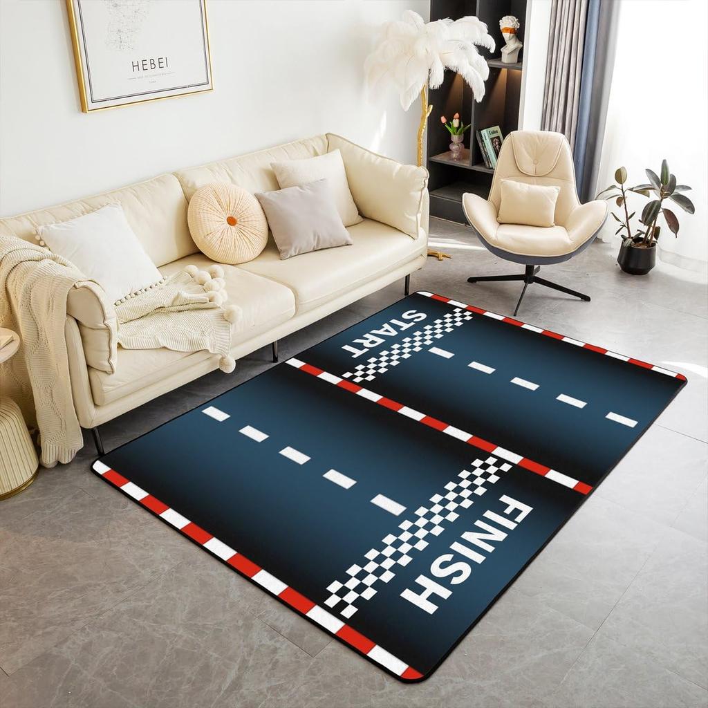 Racing Sports Car Rug, Checkered Flag Yellow Splash Print, Non-Slip Washable Soft Mat for Living Room Sofa Dining Room Indoor