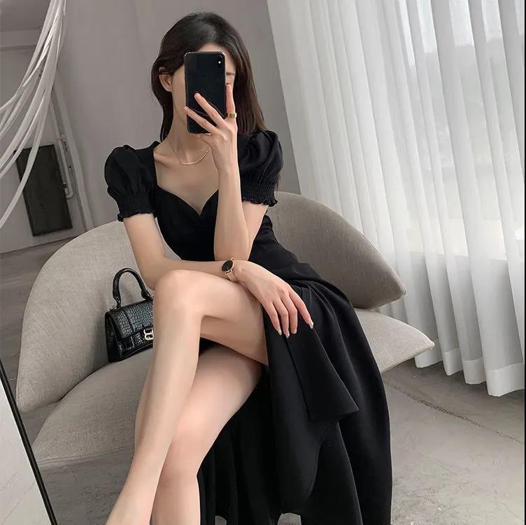 Premium dress spring and summer new French bubble sleeves slim and thin black long split skirt children
