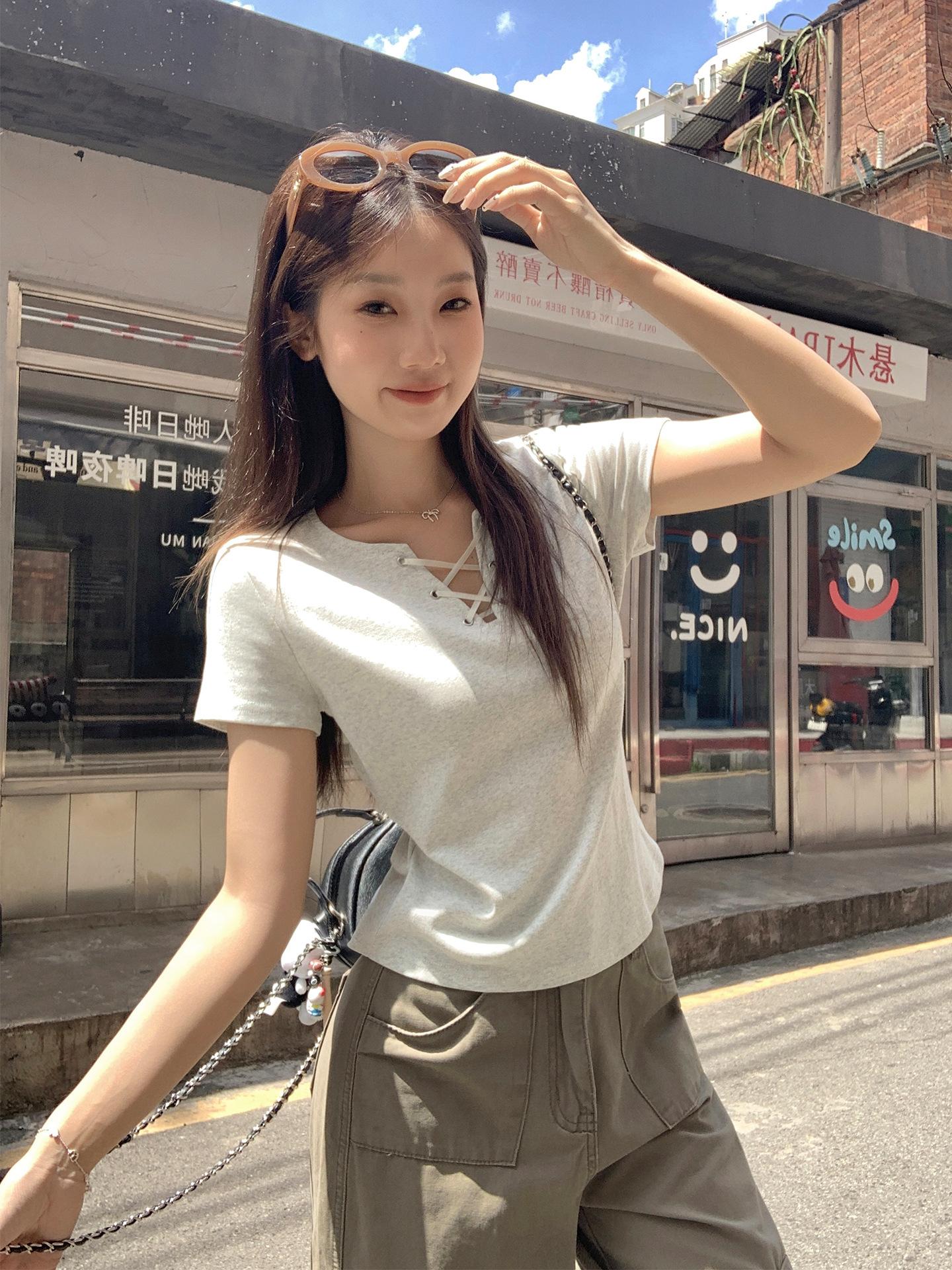 

American Spice Girl Vintage Tether Shoulder Short Sleeve T-Shirt Women s Summer New Slim and Skinny Design Beautiful Top S