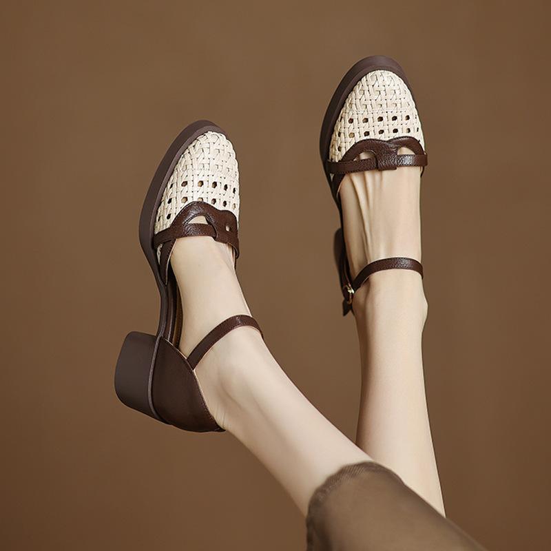 

Туфли на высоком каблуке Женская обувь Сандалии на толстом каблуке с одной пуговицей Тканые Туфли-клетка с вырезами 37 абрикосовый/бежевый