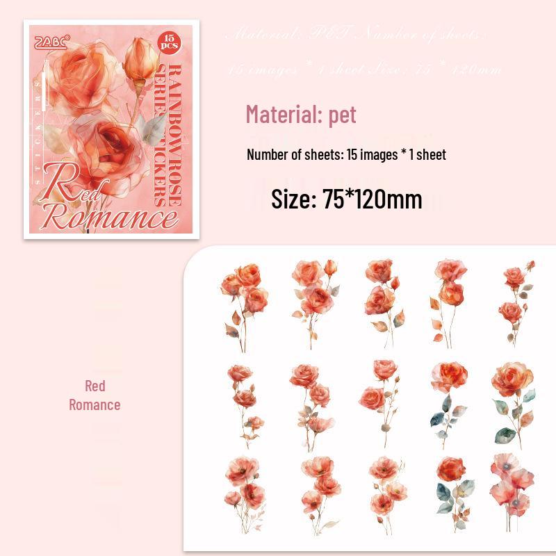 Yuezhen Rainbow Rose Large Journal Waterproof Vintage Floral PET Sticker Pack