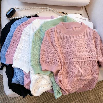 Sommer Strick-T-Shirts mit hohlem Muster und kurzen Ärmeln für Damen, temperamentvoll, schick, mit O-Ausschnitt, locker, Damen-T-Shirt-Oberteile, elegant, figurbetont, einfarbig, Damen-Tee 26517