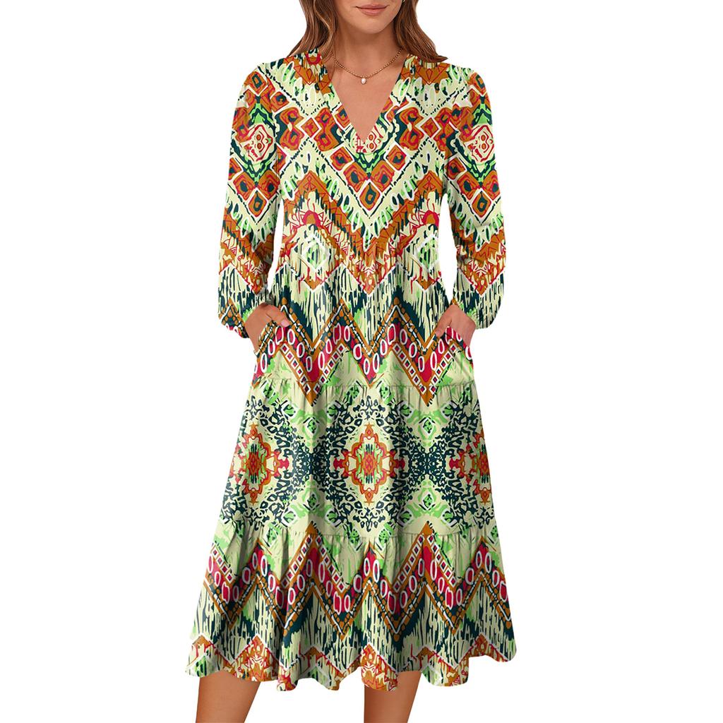 Damen V-Ausschnitt Fließendes Bohemian Langarm Blumenprint Kleid
