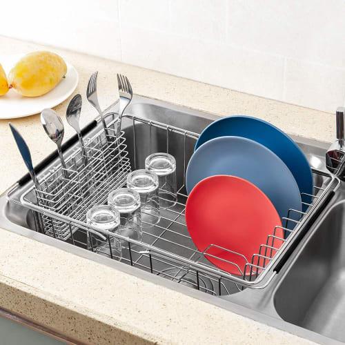 SANNO Expandable Dish Drainer, Sliding Dish Drainer, Kitchen Rack with Cutlery Holder, Stainless Steel