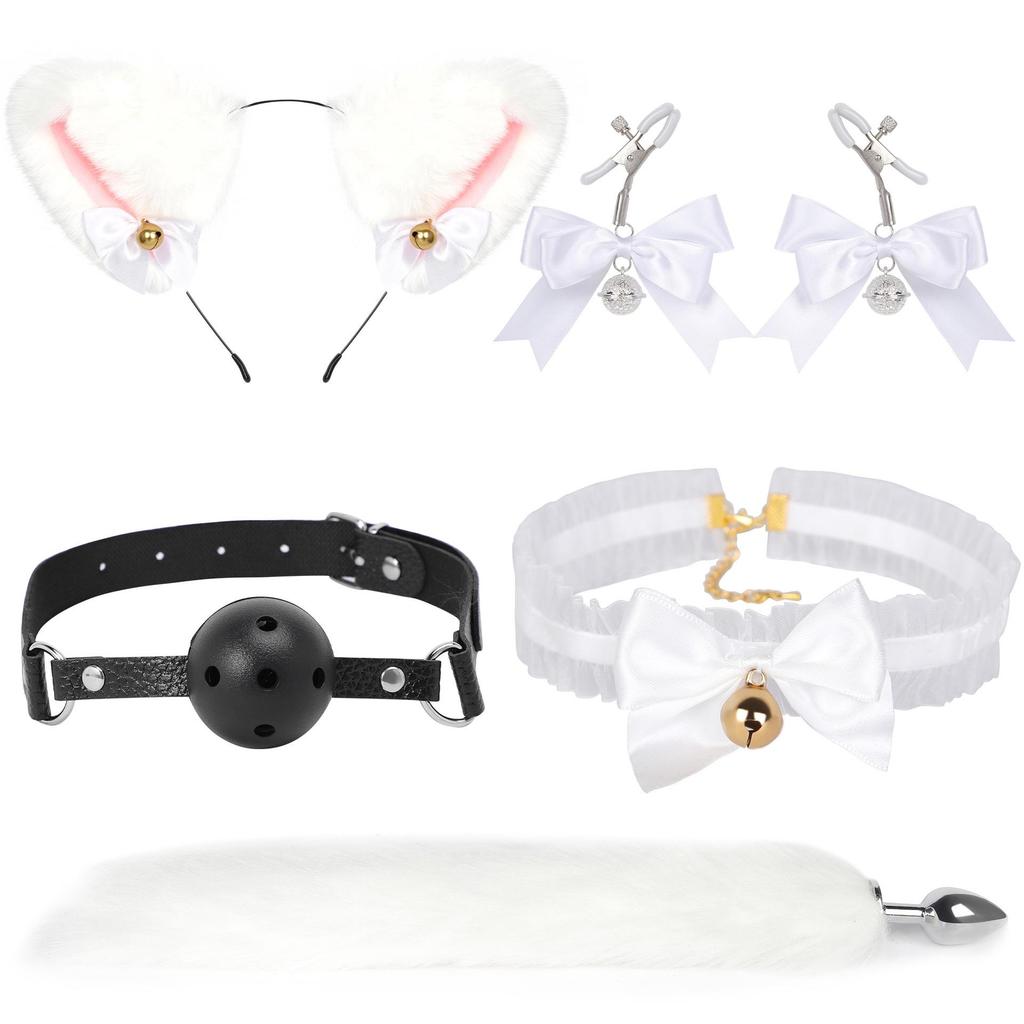 SM Fox Tail Three-Piece Set: Anal Plug, Collar & Nipple Clamps - Adult Toys for Women