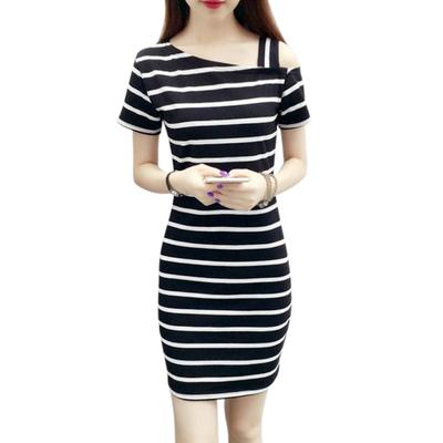 Women Fashionable Slim Design Delicate Stripe Printing Pullover Dress Off-shoulder Dress