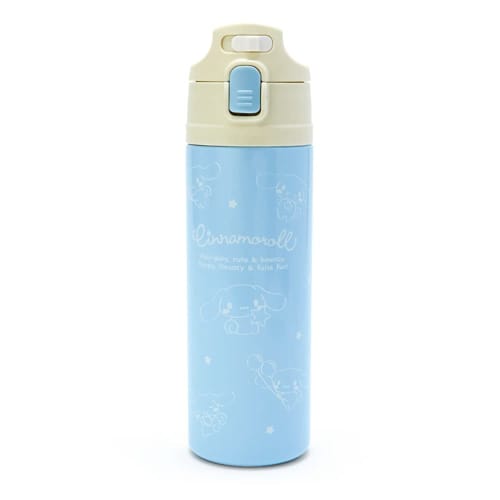 Sanrio Children's Water Bottle, 470ml, One-Touch, Stainless Steel, Cinnamoroll Design, Keeps Drinks Cold, Includes Pouch with Shoulder Strap, and Name