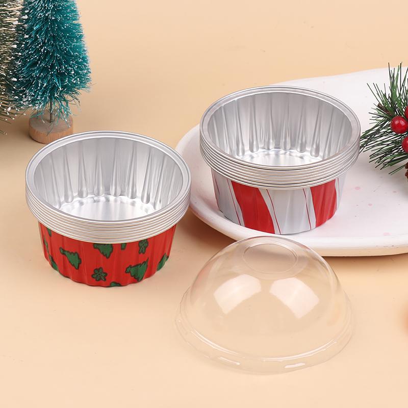 10Pcs Reusable Aluminum Foil Cup With Lid Pudding Cake Mold Air Fryer Tinfoil Box Baking Tray Tinfoil Cups Baking Pastry Tools