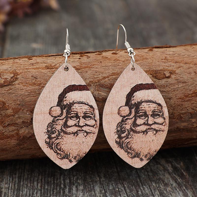 Retro Geometric Santa Claus Wooden Christmas Earrings