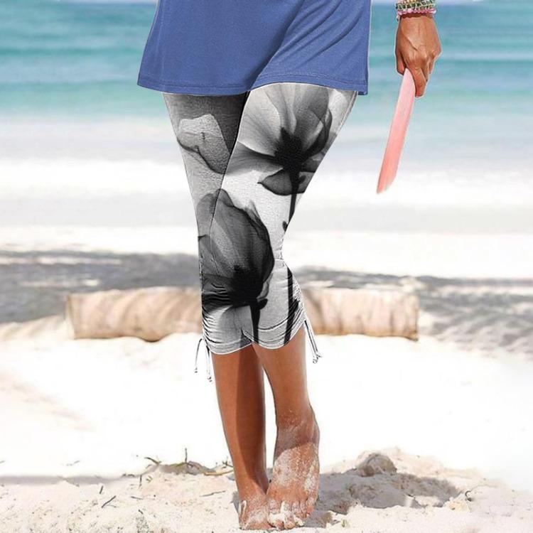 Women Summer Casual Cropped Trousers Skinny Leggings Elastic Waist Cycling Shorts Printed Vacation Pants