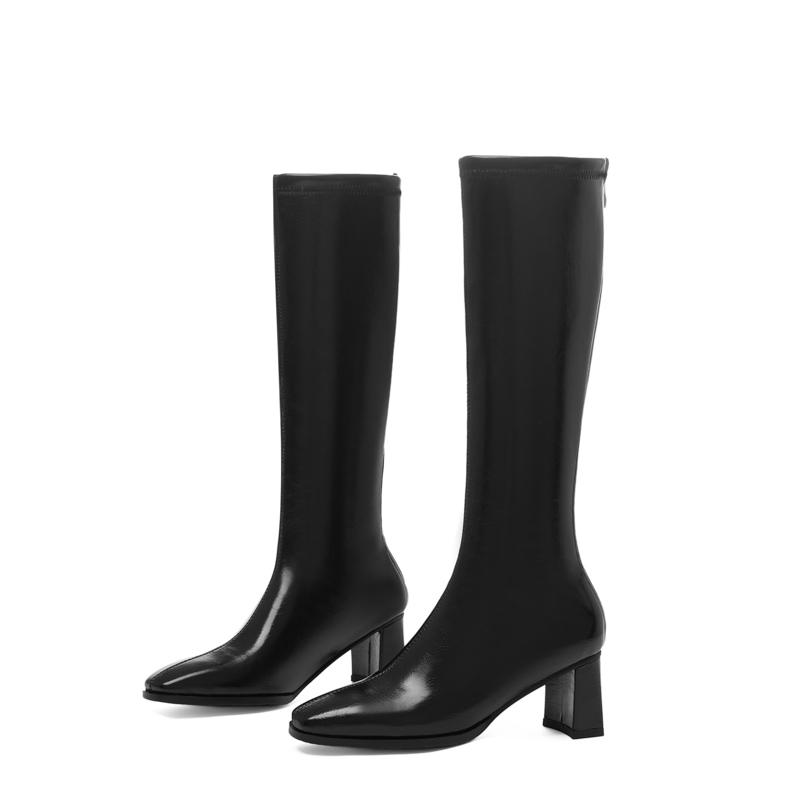 

Женские сапоги на высоком каблуке осень и зима новые на толстом каблуке однотонные большого размера простые полусапоги 52 чёрный