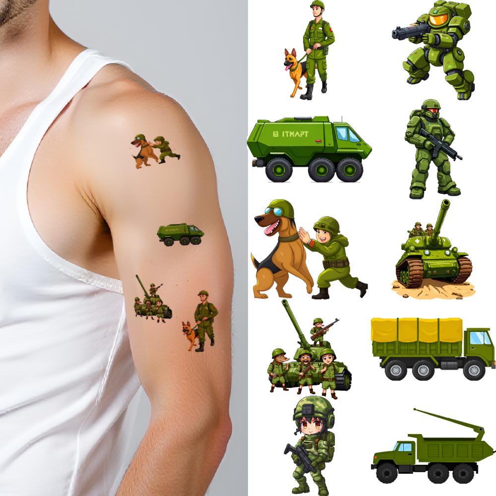 63pcs Temporary Tattoo Army Figures Temporary Tattoo Stickers Military Vehicles Tank Illustrations Cartoon For Children Girls