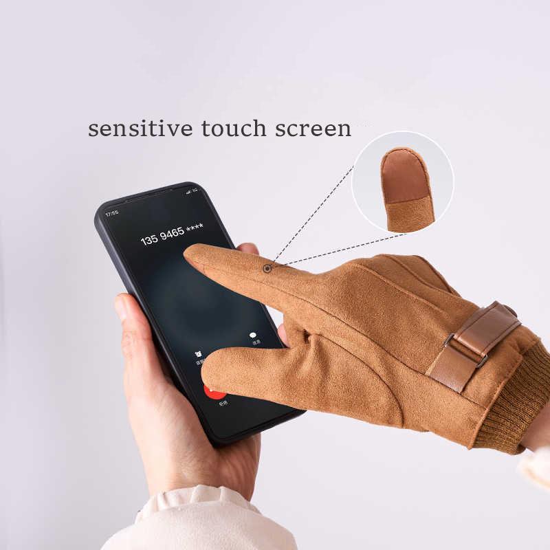 Winter Warm Finger Gloves Men Touch Screen Velvet Outdoor Soft Riding Glove Artificial Leather Windproof Motorcycle Skiing Glove