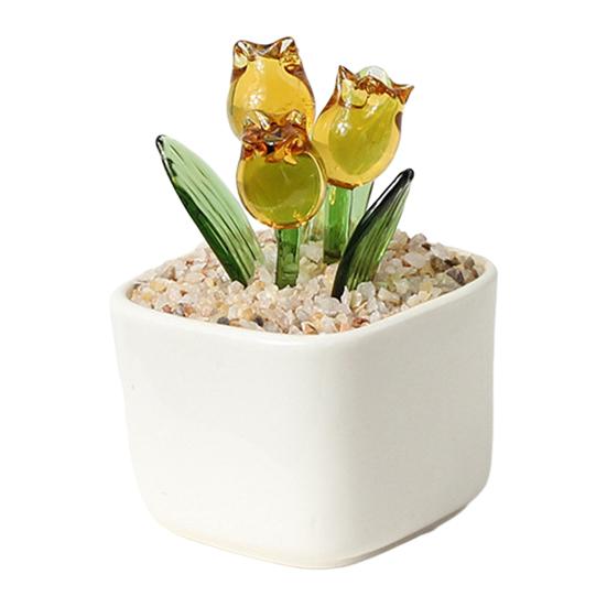 Handcraft Blown Glass Flower Figurine Mini Faux Crystal Tulip Bouquet in Pot жёлтый