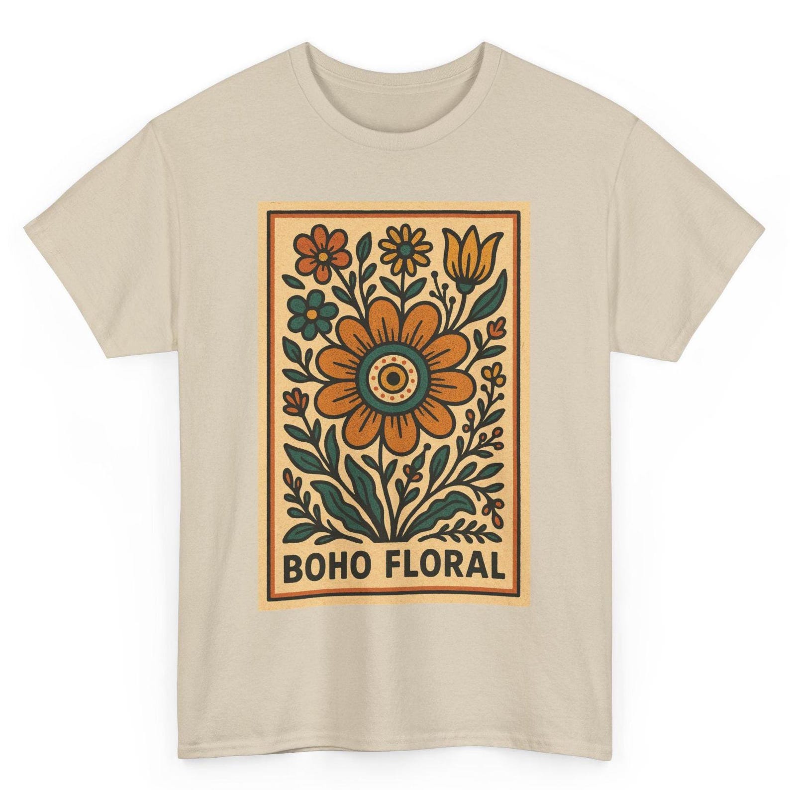 Boho Floral T-Shirt: Retro Comic Style Vintage Bloom Graphic S