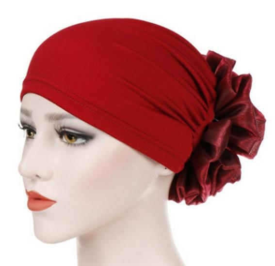 New Muslim Solid Color Milk Silk Flower Hijab Cap
