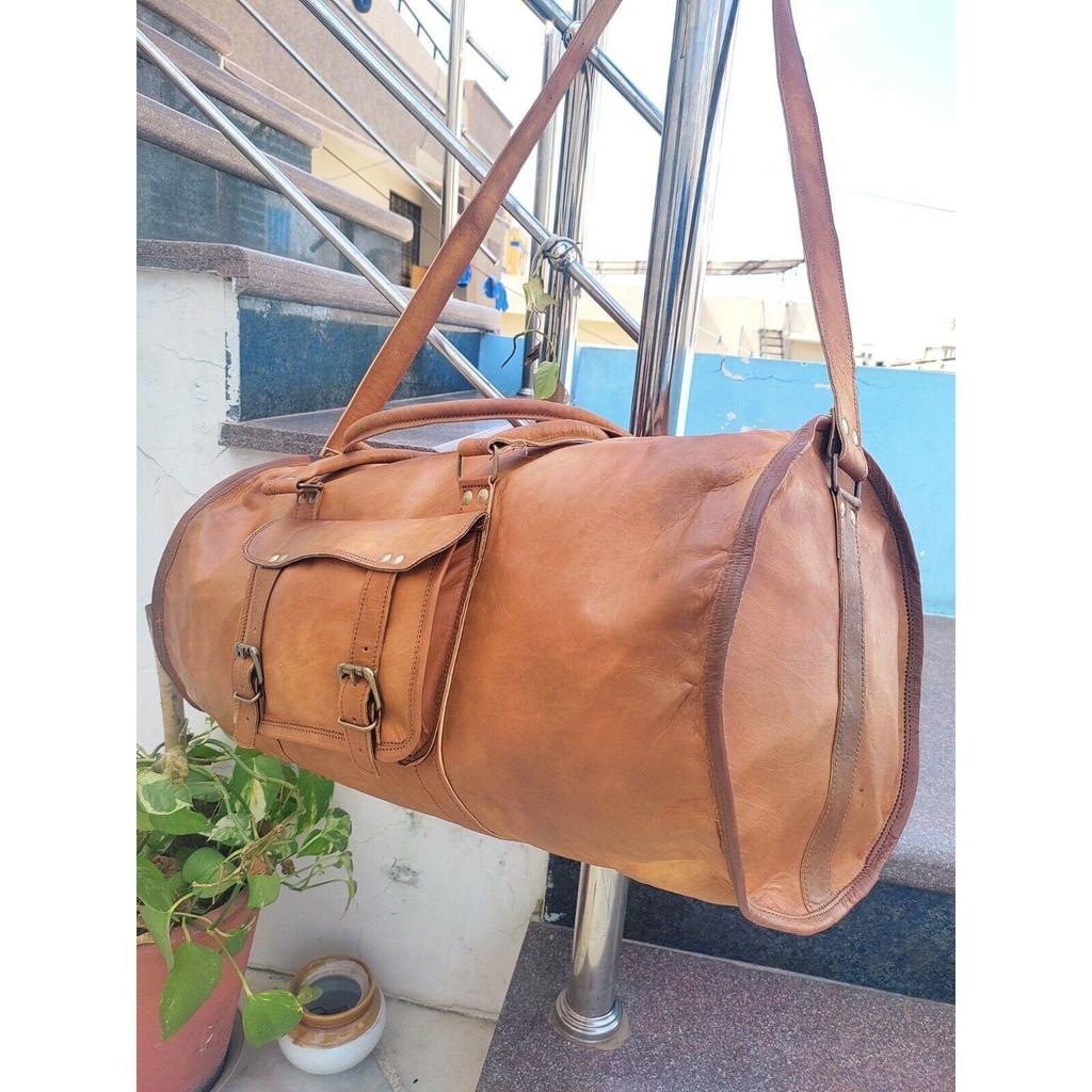 Handgefertigte braune Gym Overnight Weekend Duffle Umhängetasche aus echtem Ziegenleder