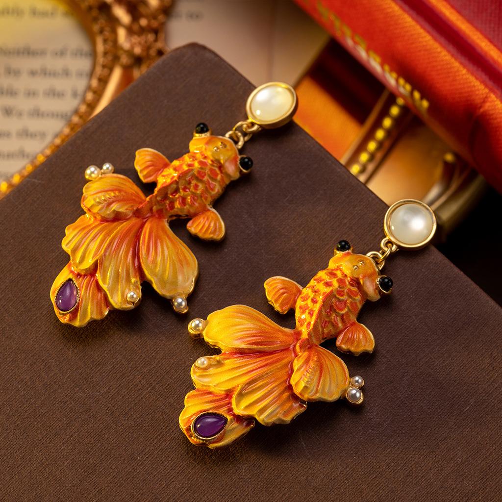 Medieval Jewelry New Chinese Goldfish Koi China-Chic Earrings Traditional Classical Style Delicate Pearl