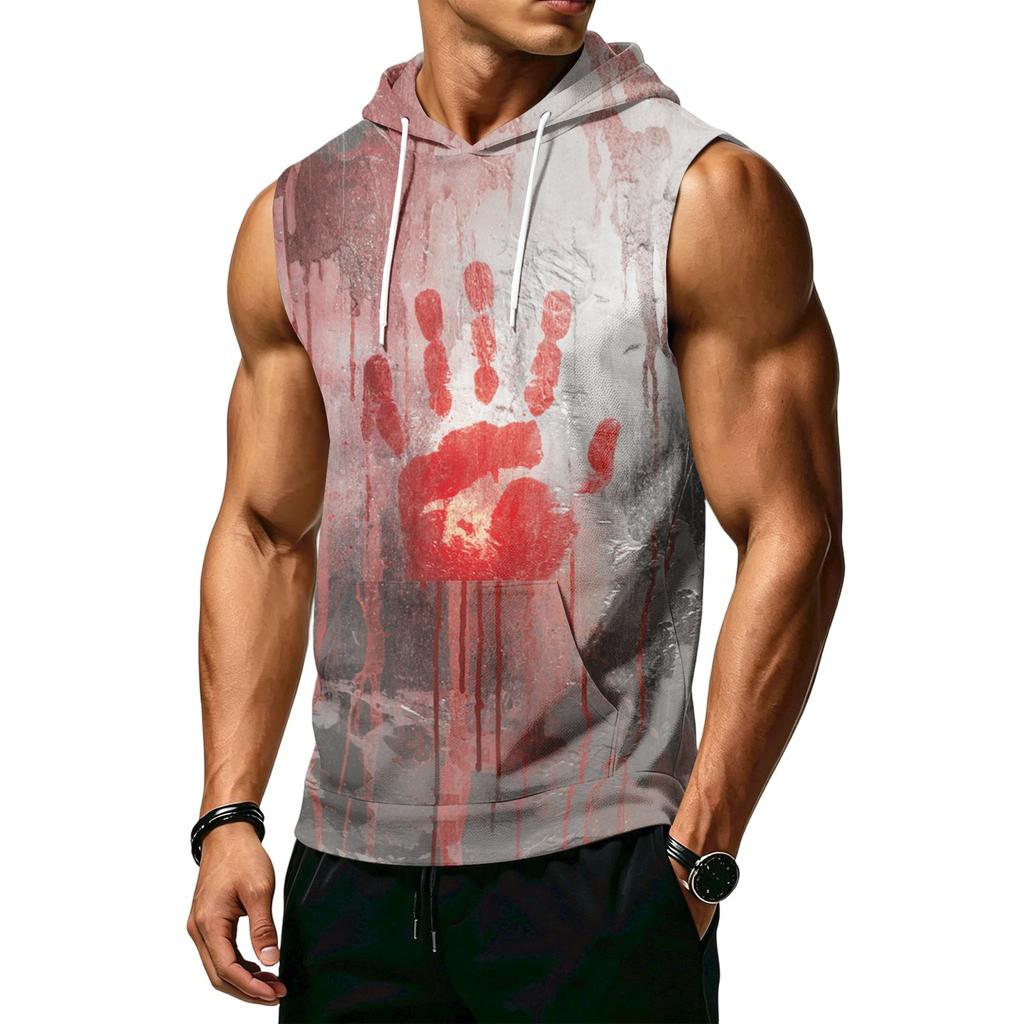 Men's Print Sleeveless Hoodie with Pockets and Drawstring - Casual Tank Top Vest for Outdoor Sports