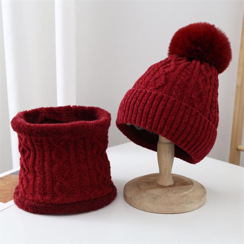 Wool hat, autumn and winter versatile knitted hat, chenille warm ear protector, fleece cold-proof hat, scarf two-piece set