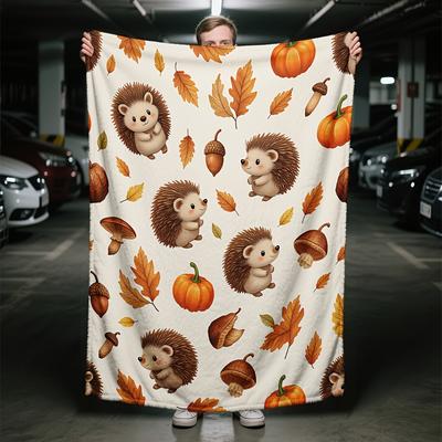 Autumn Hedgehog Family Flannel Blanket Cozy Fall Leaves Pumpkins Design Ultra-Soft All-Season Throw Stylish Home Decor Gift