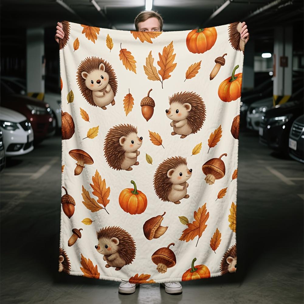 Autumn Hedgehog Family Flannel Blanket Cozy Fall Leaves Pumpkins Design Ultra-Soft All-Season Throw Stylish Home Decor Gift