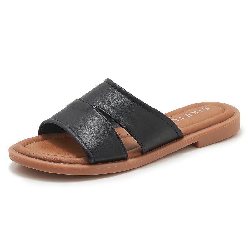 New Simple, Comfortable Breathable Fashionable And Versatile Solid Color Light Comfortable Slippers For Women Flat Soft Leather