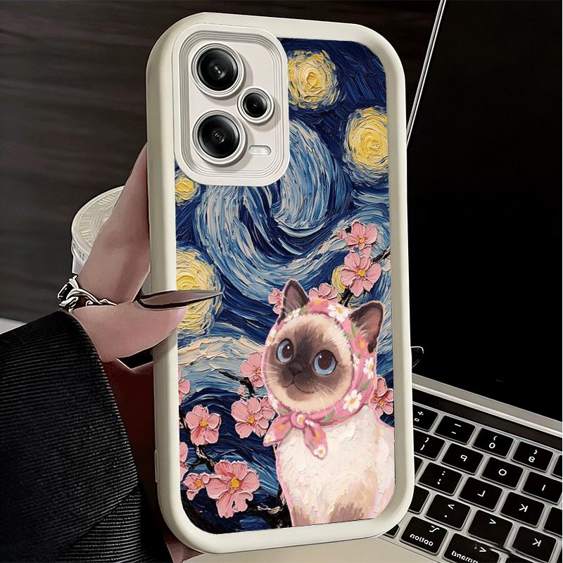 Cute Floral Headscarf Kitten Soft Phone Case for Xiaomi Poco X7 X6 X5 Pro X4 Gt X3 F7 Ultra M8 M7 Redmi 15C 15 14C 13 13C 12 12C