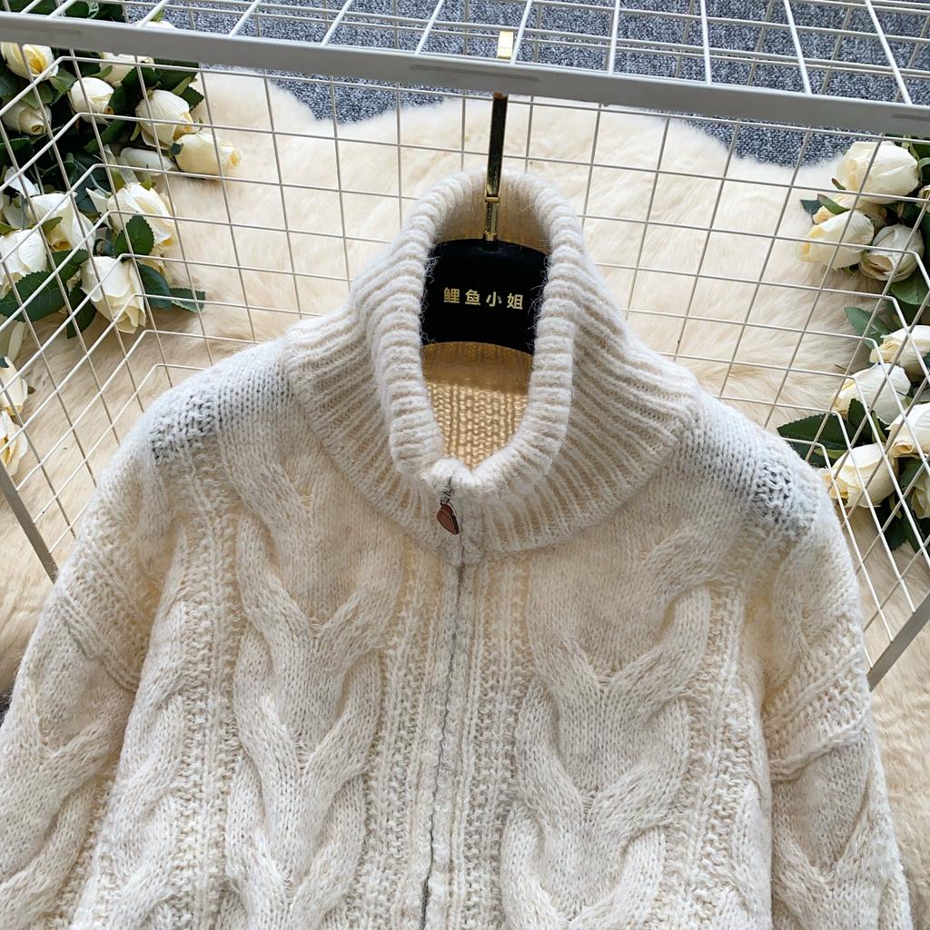 Autumn Winter Women Casual Turtleneck Zipper Twist Knitted Sweater Cardigans Tops Jacket Coat