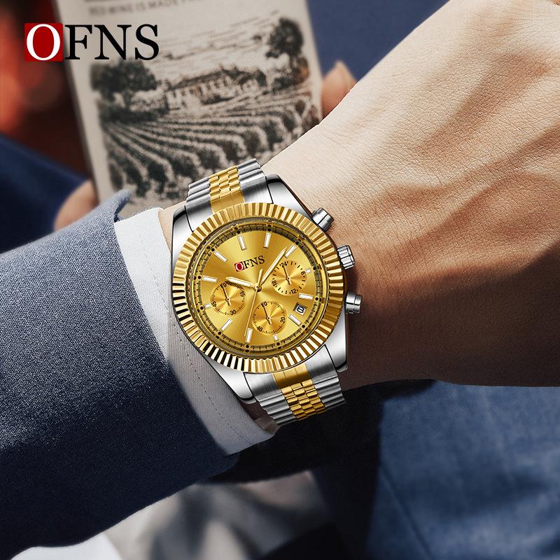 Oufannishi Men's Multifunction Chronograph Quartz Watch with Calendar and Stainless Steel Band, Waterproof Design
