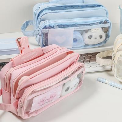 Etui für Stifte mit mehreren Fächern, transparentes Vorderteil, cremefarben, Aufbewahrungstasche für Schreibwaren, Schule