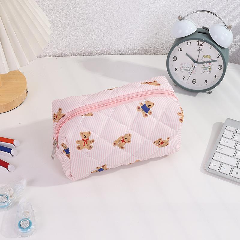 Cute Plaid Bow Bear Pen Case Cosmetic Bag Girly Makeup Storage Bag Portable Large Capacity Organizer Bag Student Stationery Gift