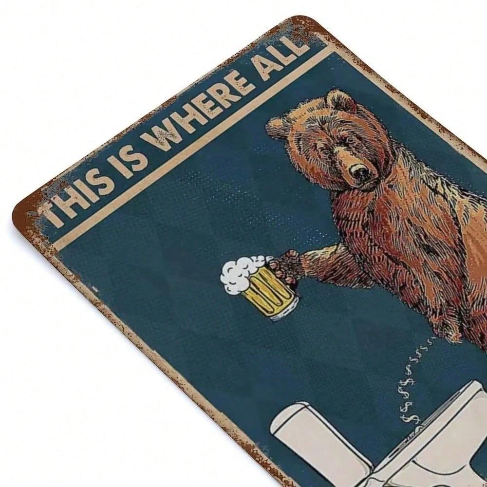 Retro Bear Drinking Beer Metal Wall Sign Toilet Decor Vintage Tin Plaque
