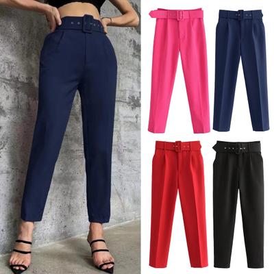 Women Suit Pants High Waist Straight Leg Fit Long Trousers with Pockets Solid Color Casual Work Pants