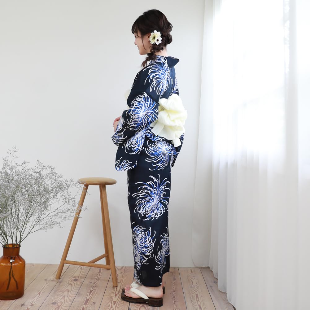 Yukata Set Blue with White and Light Blue Love Yukata Set [Brilliant Peace] "Wa Nadeshiko" Women's "Navy Chrysanthemums" Heart-Pounding 2-Piece