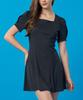 Collet Summer Cooling Ice Puff Square Neck Flare Short Sleeve Mini Dress [Black]